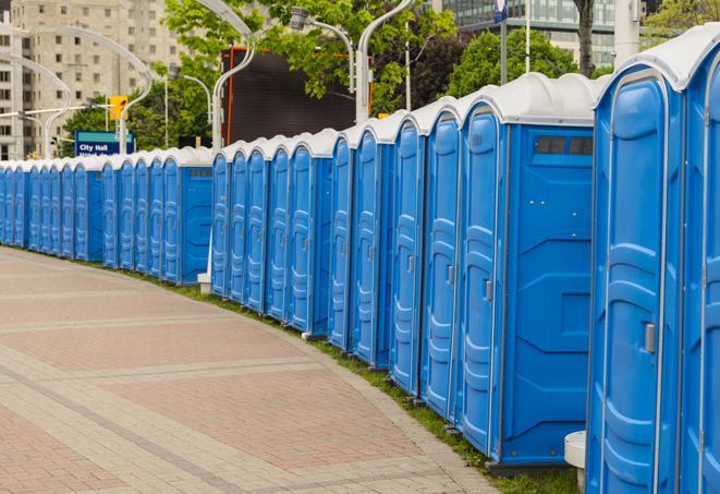 multiple portable restrooms in a neat and tidy row in Baltimore